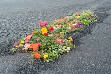 flowers break through the asphalt in the city near the road