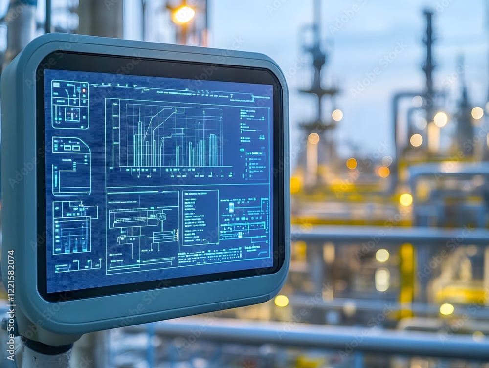 Fototapete a close-up image of a digital monitor displaying advanced data analytics in an industrial setting, s