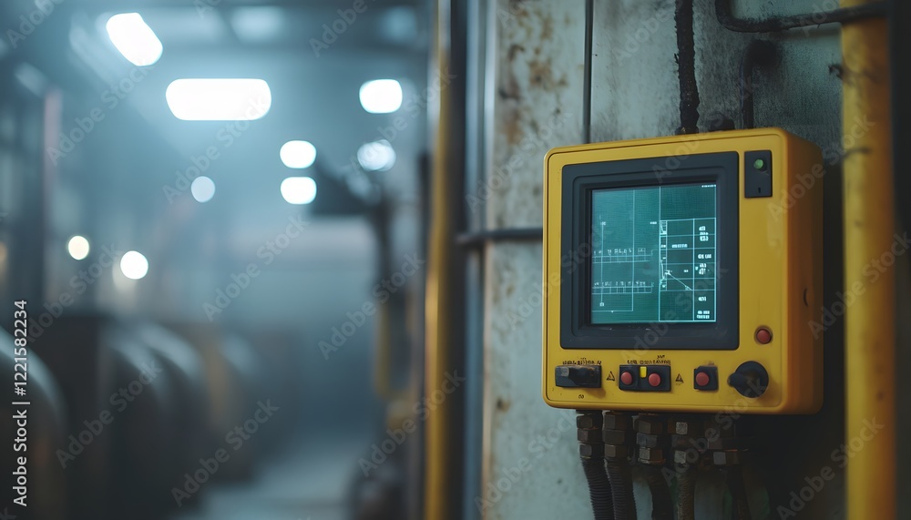 Poster a close-up of a yellow industrial monitor displaying control settings in a dimly lit factory environ