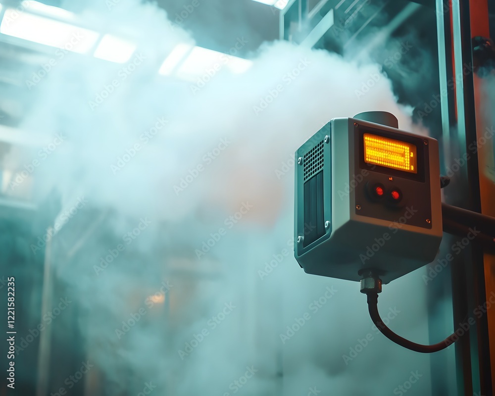 Poster a close-up of a steam generator in an industrial setting, surrounded by mist. the image captures the