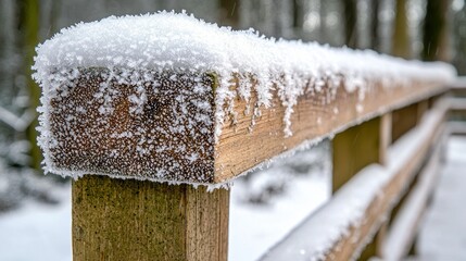 Naklejka premium Snowy wooden bridge rail, winter forest