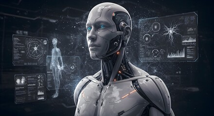 featuring a human figure partially merged with advanced technology. The figure has cybernetic enhancements, glowing circuits integrated into their body, and a sleek, metallic appearance.