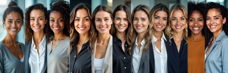 Mosaic photo of diverse happy businesswomen. Portraits of smiling females of different ages, ethnicities. Successful women. Modern business team. Global company. Office environment. Professional