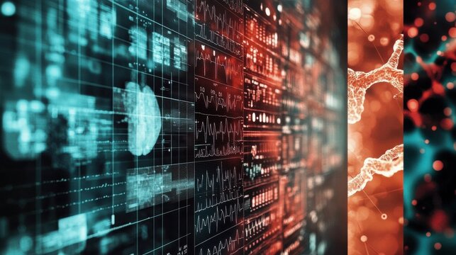 An abstract visual merging data graphs and biological elements, emphasizing the synergy between technology and life sciences, illustrating the essence of progress in research.