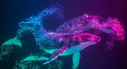 Vibrant neon whale in a turquoise and pink ocean. Underwater bubbles. Digital art. 3D.