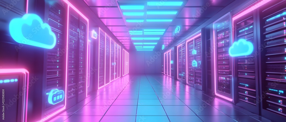Poster a futuristic data center illuminated with neon lights, showcasing rows of servers and cloud icons. t