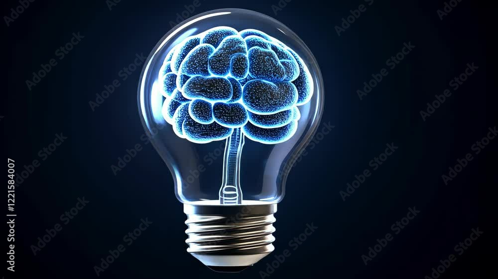 Poster creative concept showing a brain inside a light bulb representing innovation and ideas in a digital 