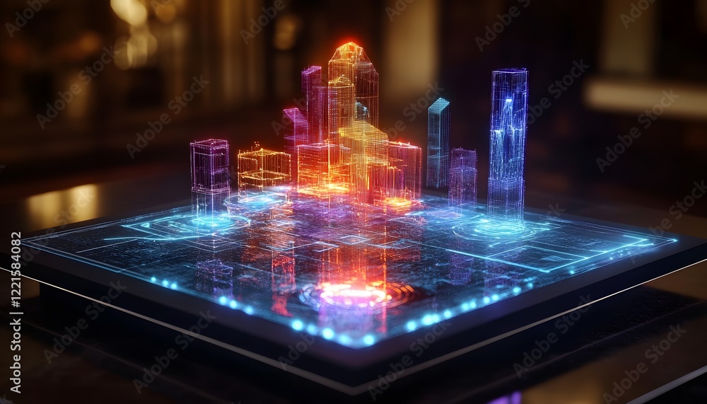 Poster a futuristic holographic cityscape displayed on a high-tech interface, featuring illuminated buildin