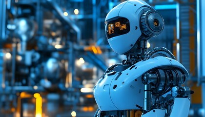 Fototapeta premium A futuristic robot stands amidst advanced machinery, showcasing a blend of innovation and design. The setting highlights the essence of modern technology.