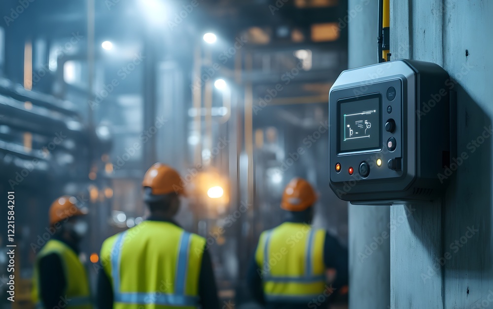 Poster a high-tech control panel in an industrial setting, with workers in safety gear monitoring operation