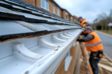 A closeup wideangle view of a traditional British home highlighting a team of roofers installing pristine white uPVC fascias and soffits The workers are using drills