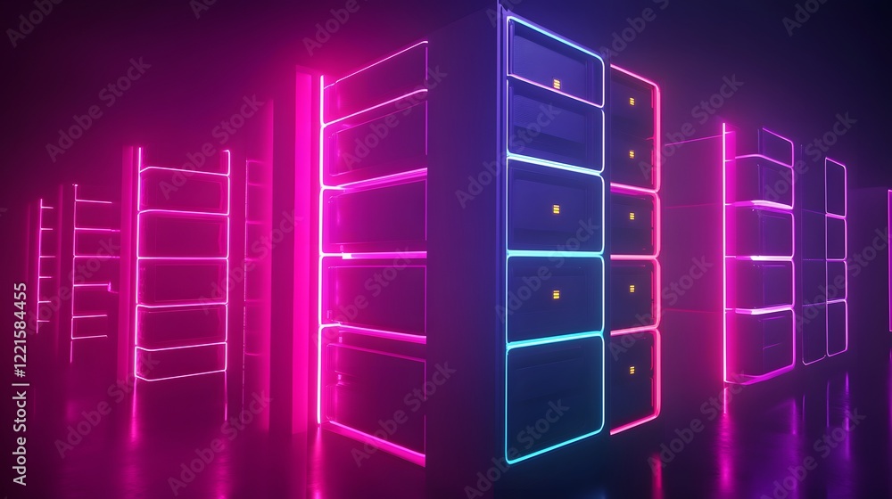 Poster a modern, futuristic display featuring vibrant neon shelves illuminated in pink and blue, creating a