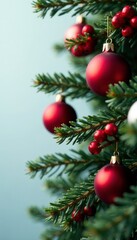 Green evergreen branch adorned with red and white ornaments and bright red berries, winter, red