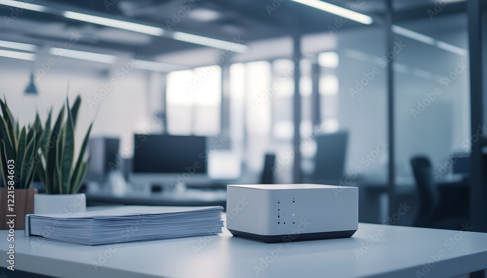 Poster a modern office workspace featuring a sleek projector on a desk beside a stack of documents and a po