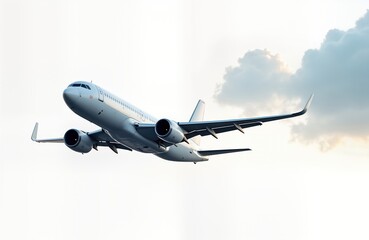 Obraz premium White passenger jet ascends in sky. Dramatic clouds form backdrop. Isolated plane in mid-air. Air travel concept. Modern transportation technology. Commercial aircraft in flight. Business travel.