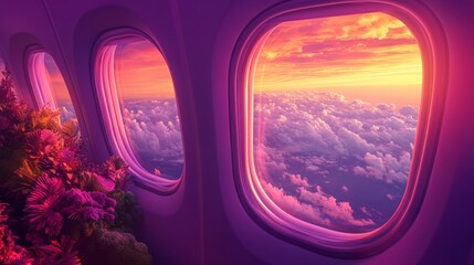 Colorful Sunset Sky With an Airplane Flying Over a Scenic Landscape in the Evening