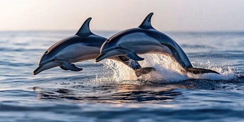 Fototapeta premium A pair of dolphins leaping joyfully out of the water at sunrise, their sleek forms creating perfect arcs