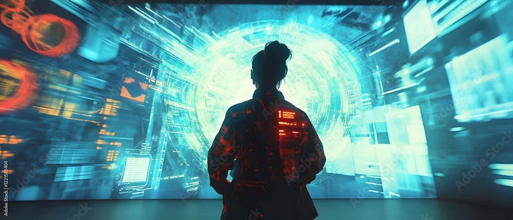 Aufkleber a silhouette of a person standing in front of a vibrant digital display, filled with abstract data v