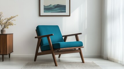 Cozy Reading Nook With Modern Decor Featuring a Blue Chair, Potted Plant, and Natural Light in a Serene Indoor Space