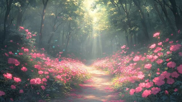 Forest path surrounded by blooming pink flowers with sunlight rays in seamless looping 4k time-lapse animation video background