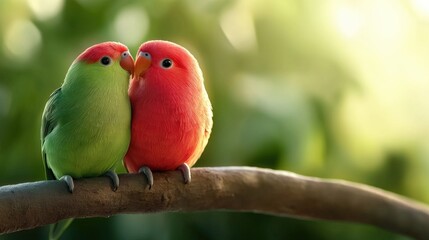 Obraz premium A pair of lovebirds perched on a branch, their vibrant plumage glowing under sunlight