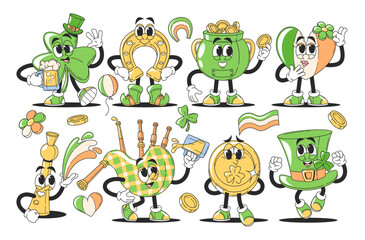 Happy saint Patrick day symbolic characters, traditional holiday mascot, festive elements set