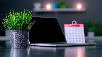 Laptop, calendar, plant, desk, office, night, planning, work