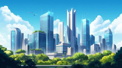 Obraz premium Modern City Skyline with Lush Greenery