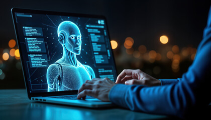 Man working on laptop exploring AI tech. Digital human body model displayed on screen. Searching for innovative tech solutions. Night scene. Modern tech use. Focus on programming developing