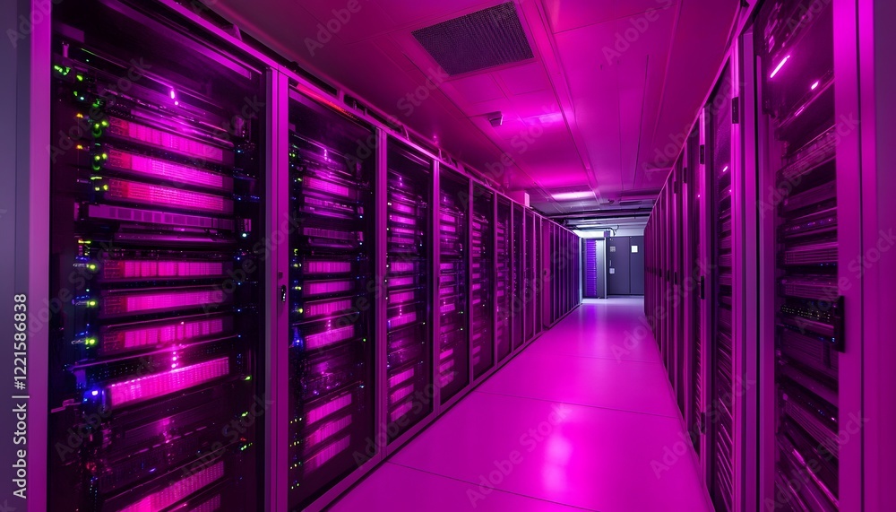 Poster a visually striking view of a modern data center featuring high-tech server racks illuminated by vib