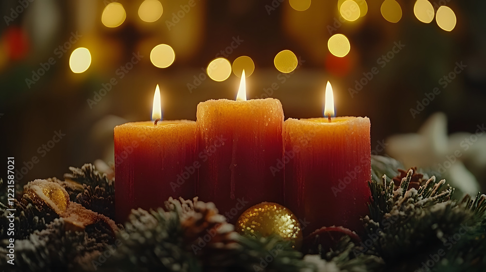 Poster candle with two smaller candles placed on top of it in soft lighting