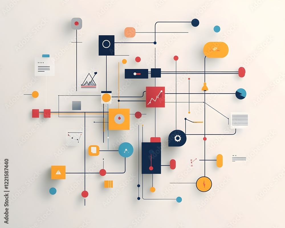 Poster an abstract composition featuring colorful geometric shapes and lines representing data flow, ideal 