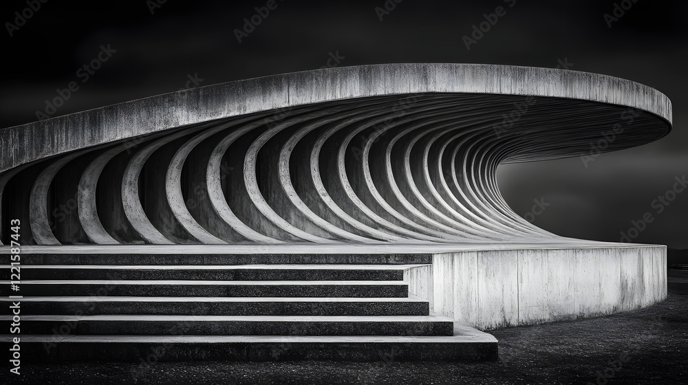 Poster curved concrete structure with steps leading up in modern architectural design