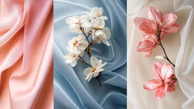 Three different colored flowers, with one being pink, one being white, and the third being blue. The flowers are arranged on a piece of fabric, which is also pink. Scene is one of beauty
