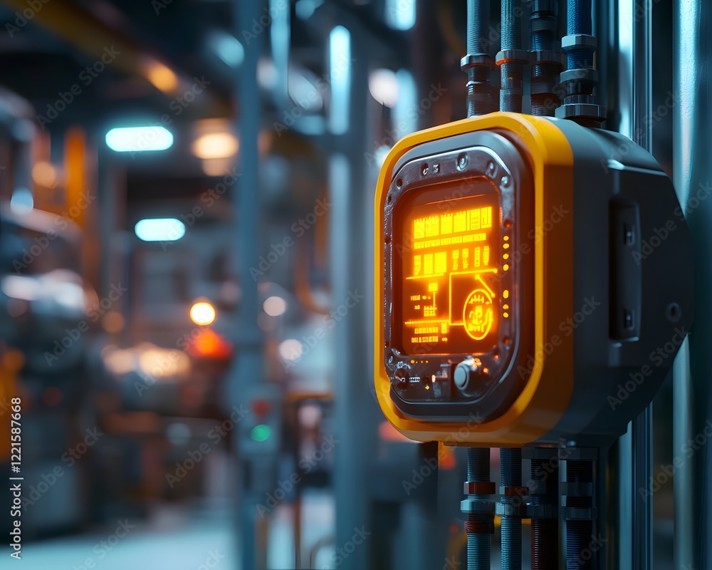 Poster an advanced industrial control panel with illuminated display, showcasing modern technology in a fac