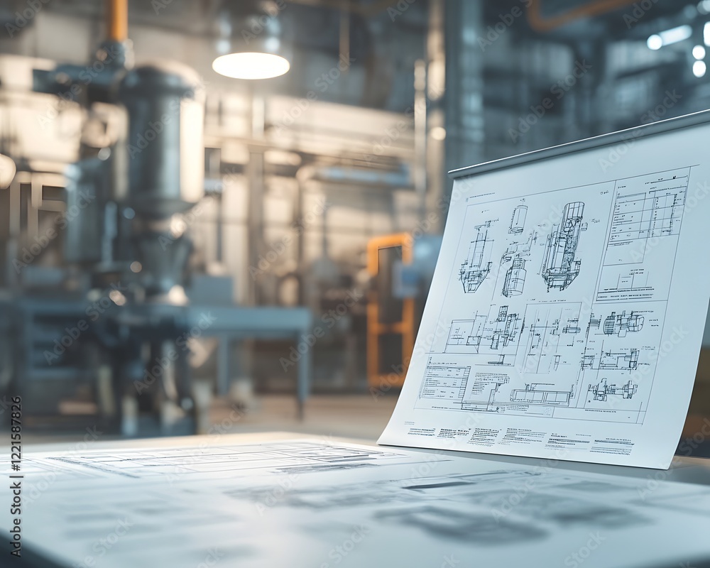 Poster blueprints and technical drawings on a workbench in a modern manufacturing facility, showcasing the 