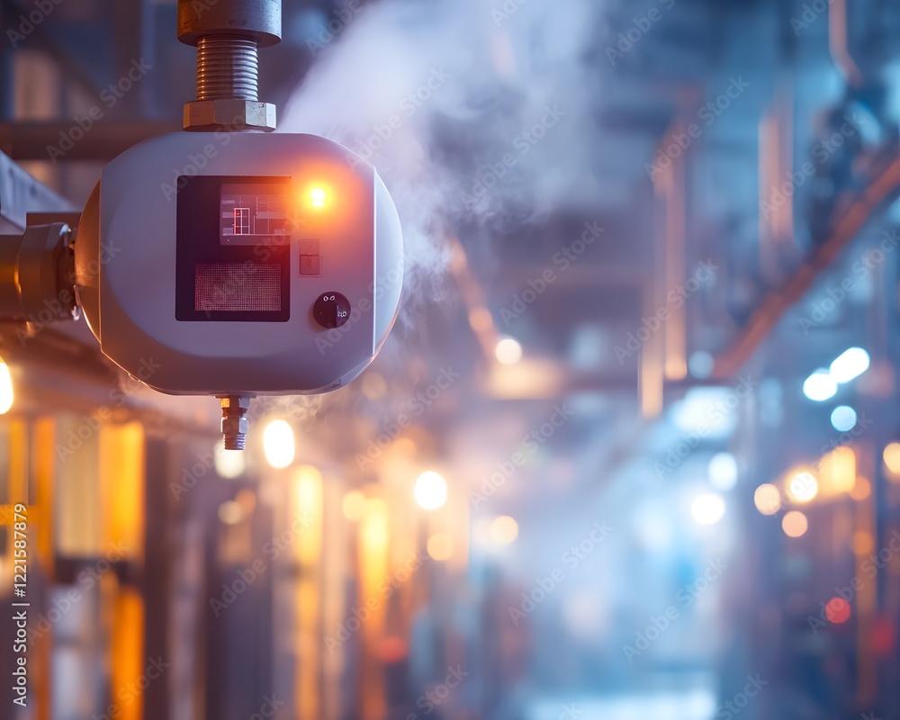 Poster close-up image of a modern pressure gauge in an industrial setting, showcasing advanced technology w