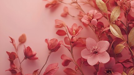 Fototapeta premium Valentine mockup card abstract design. Delicate Pink Flowers on a Soft Pink Background.