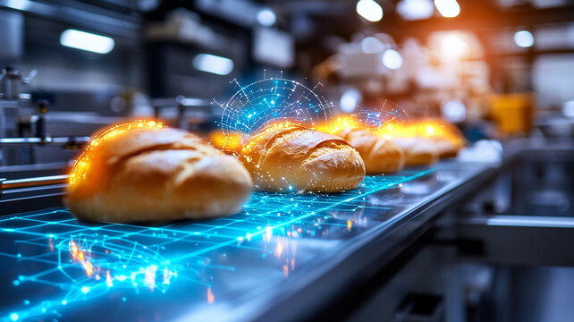 Modern Bakery Automation Freshly Baked Bread on High Tech Conveyor Belt with Futuristic Digital Effects
