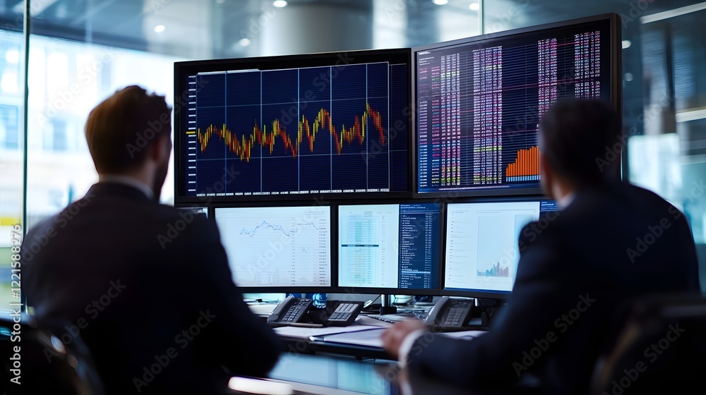 Poster two professionals analyze financial data on multiple screens in a modern office. charts and graphs d