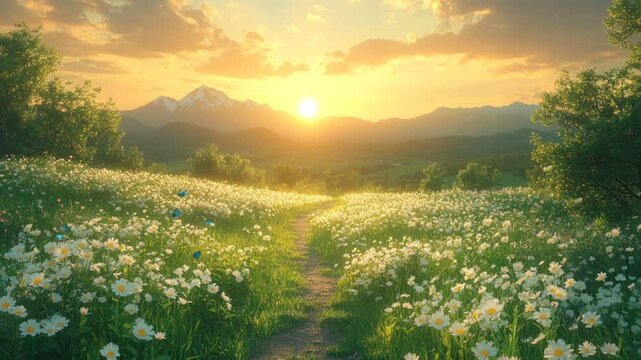 Serene meadow with white wildflowers and mountain sunset in seamless looping 4k time-lapse animation video background