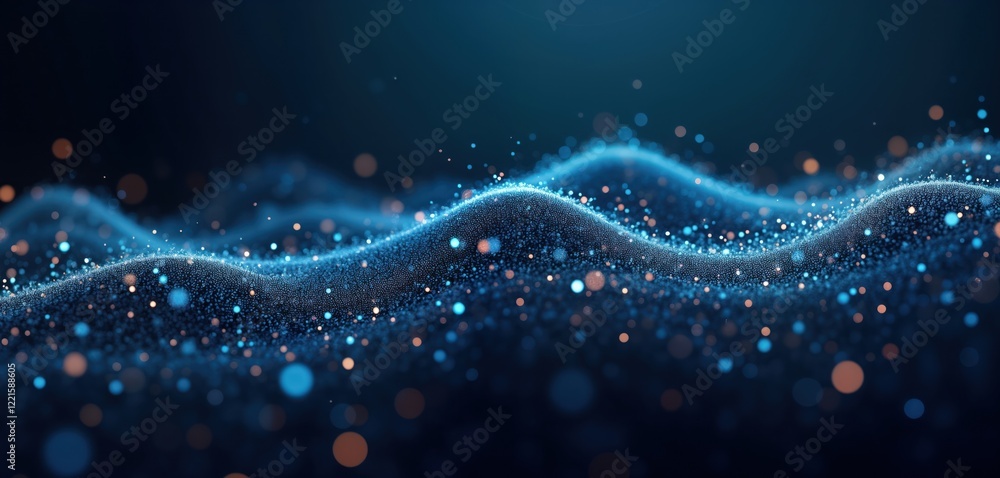 Poster abstract tech illustration shows flowing particles. dynamic design with glowing light effects. dark 