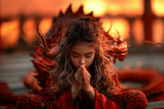 Serene Girl in Red, Meditating with a Dragon at Sunset: A Cultural and Spiritual Journey
