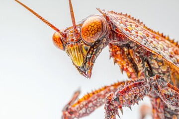 Close-up of a vibrant orange and red praying mantis, showcasing intricate details and textures.