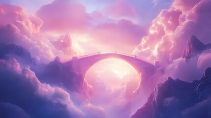 Glowing bridge arches over mystical landscape, surrounded by vibrant pink and purple clouds. scene evokes sense of wonder and otherworldliness. Luminous Arch. Illustration