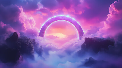 Glowing bridge arches over mystical landscape, surrounded by vibrant pink and purple clouds. scene evokes sense of wonder and otherworldliness. Luminous Arch. Illustration