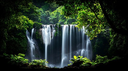Obraz premium Lush jungle waterfall, cascading water, serene nature, vibrant greenery, tranquil background