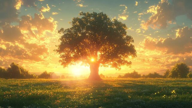 Majestic tree in a serene field with golden sunset and vibrant sky in seamless looping 4k time-lapse animation video background