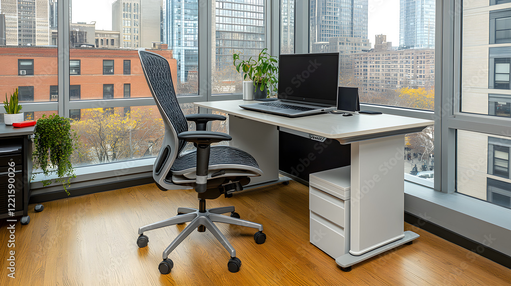 Poster desk with a laptop and a chair in a modern workspace setting for productivity and remote work
