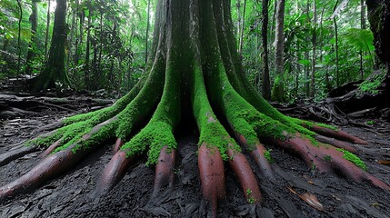 Fototapeta premium Lush rainforest, giant tree roots, mossy base, background greenery, nature wallpaper